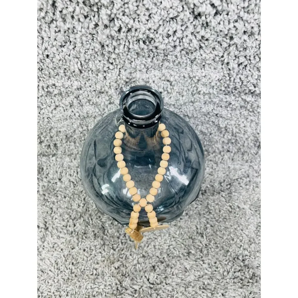 Blue Art Glass Bottle Vase With Round Wooden Beaded Tassel Garland 11